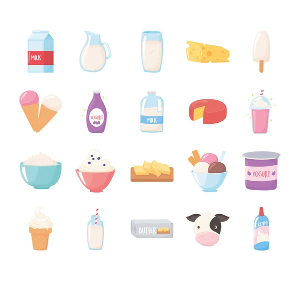 Leche productos lácteos iconos de dibujos animados conjunto botella caja queso mantequilla batido helado — Vector de stock