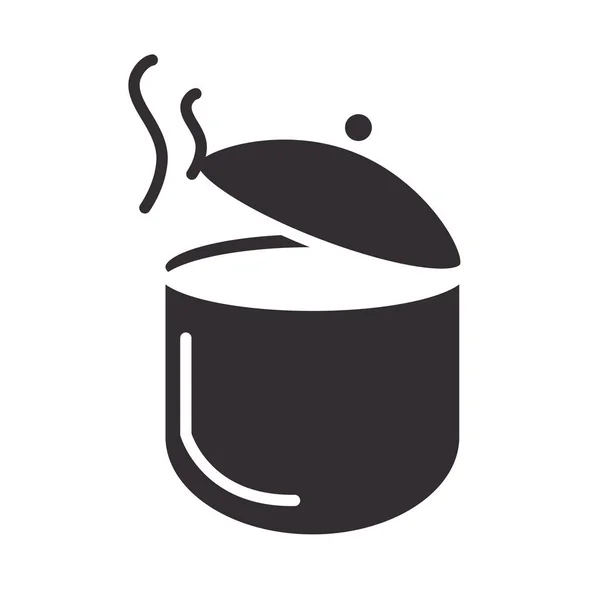 Chef, panela com sopa quente cozinha menu ícone de estilo silhueta —  Vetores de Stock