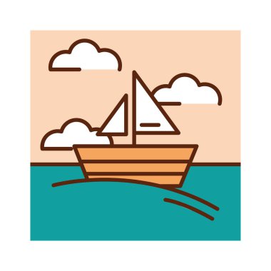 manzara deniz teknesi gökyüzü doğayı bulutlandırır çizgi film, düz çizgiler