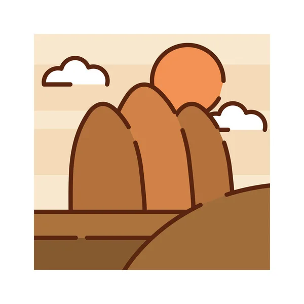 Landscape desert mountains arid sun sky nature cartoon, filled line flat colors — Stock Vector