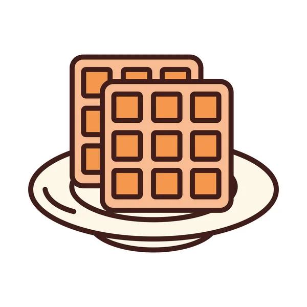Gaufre de petit déjeuner sur la ligne de nourriture de plat et le style de remplissage — Image vectorielle