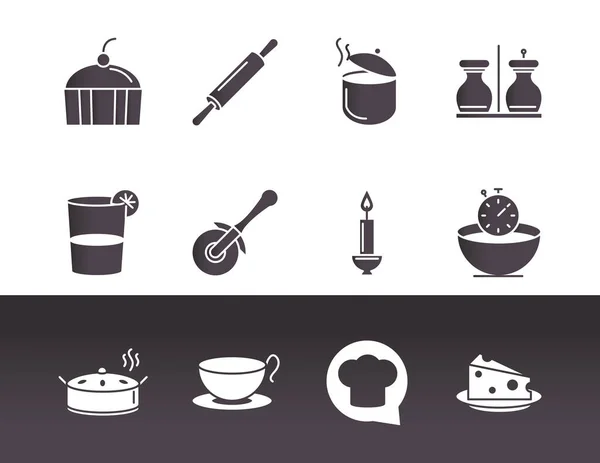 Utensilios de cocina chef y herramientas olla espátula tazón taza de café iconos conjunto — Vector de stock
