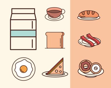 breakfast menu ingredient products milk bread bacon egg donuts icons set, line and fill style