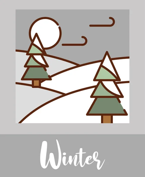 Invierno paisaje árboles nieve frío dibujos animados, línea llena de colores planos — Vector de stock