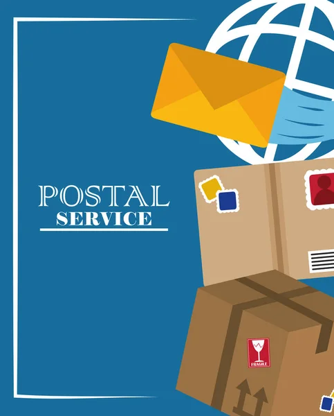 Servicio postal, mensajería entrega cardbord box correo mundial — Archivo Imágenes Vectoriales