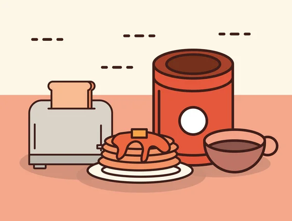 Café da manhã torradeira panquecas de pão e linha de copo de chocolate e estilo de preenchimento — Vetor de Stock