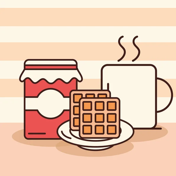 Ontbijt wafel jam en koffie cup lijn en vul stijl — Stockvector