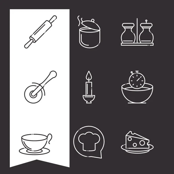 Utensilios de cocina cocina olla rodillo pizzas cortador iconos conjunto — Vector de stock