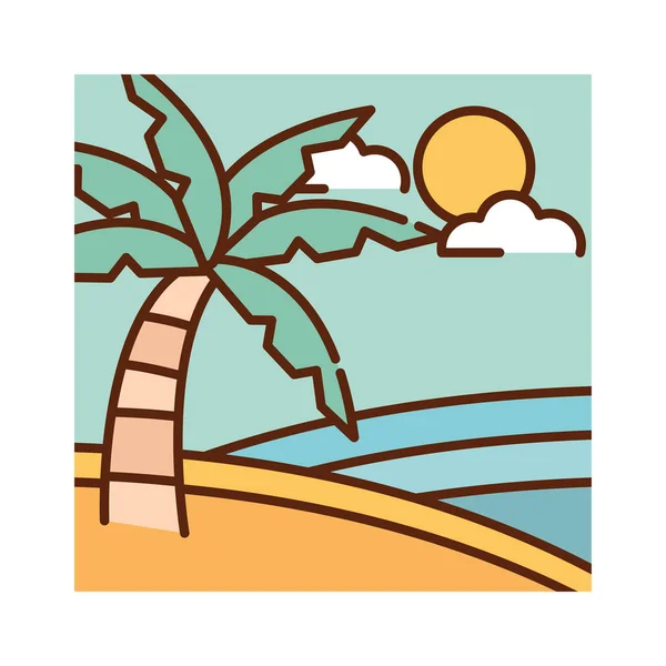 Landscape tropical exotic palm sea summer nature cartoon, filled line flat colors — Stockvector