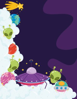 Uzaylılar UFO gezegeniyle yüzleşiyor. Yıldız bulutları galaksi karikatürü.