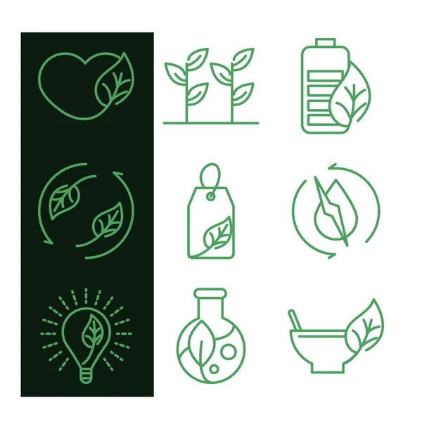Organico icone naturali impostare cuore foglia ecologia natura rinnovabile linea verde stile — Vettoriale Stock