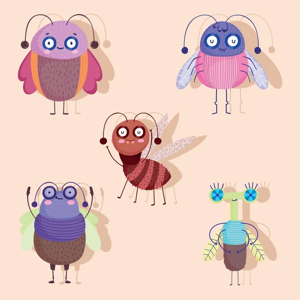 Divertenti insetti animali cartone animato con icone ombra impostato — Vettoriale Stock