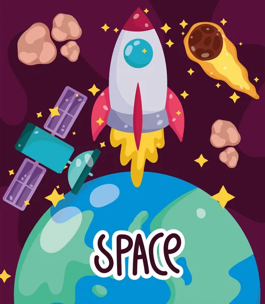 Espace terre planète vaisseau spatial satellite comète exploration dessin animé — Image vectorielle