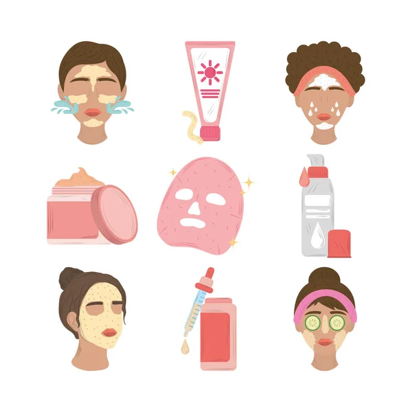 Set women with facial mask, products cosmetics and skincare daily routine — Stock Vector