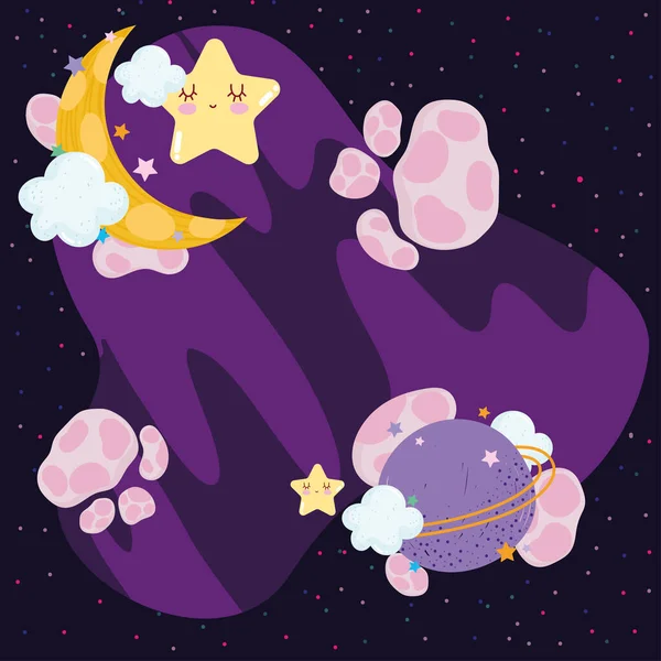 Spazio luna stella pianeta rocce avventura esplorare cartoni animati icone — Vettoriale Stock