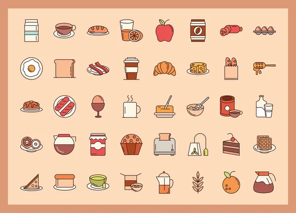 Menu petit déjeuner ingrédients produits icônes fraîches mis en ligne et le style de remplissage — Image vectorielle