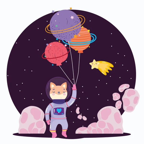 Espacio zorro con traje espacial y globos en forma de planetas aventura animal de dibujos animados — Archivo Imágenes Vectoriales