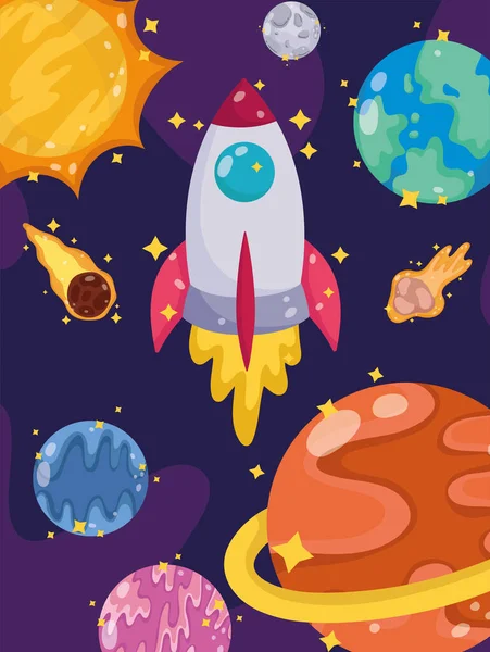 Ruimte lancering ruimteschip planeten komeet maan en zon cartoon — Stockvector