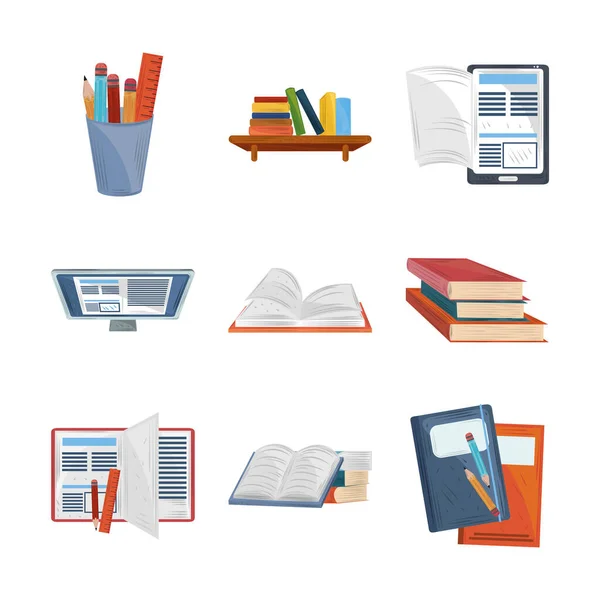 Boeken online literatuur studie leren onderwijs academische iconen set — Stockvector