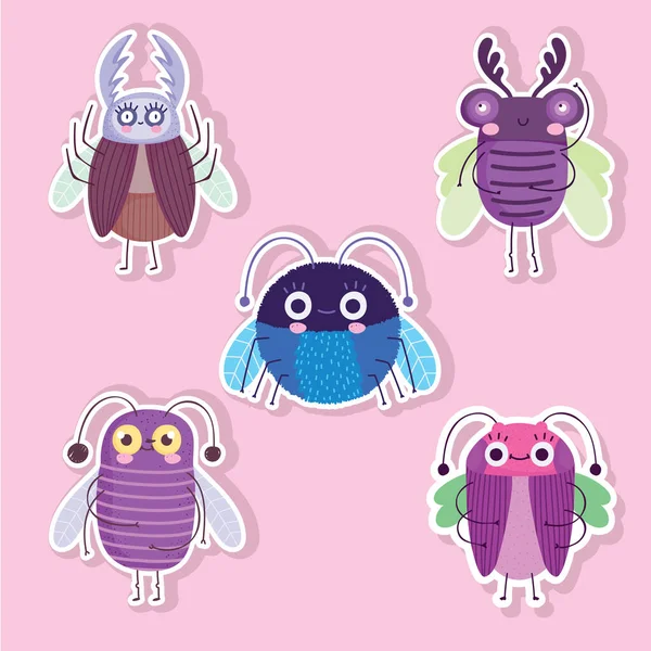 Divertenti insetti animali cartoni animati adesivi icone di stile — Vettoriale Stock