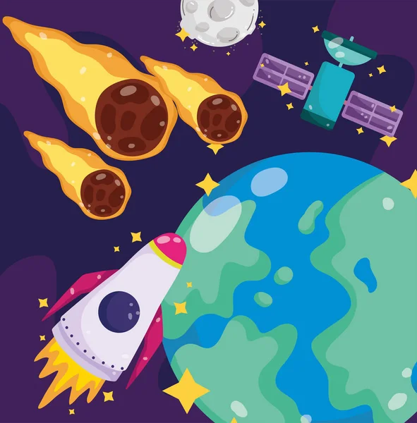 Espaço terra nave espacial satélite lua e queda asteróides desenhos animados — Vetor de Stock