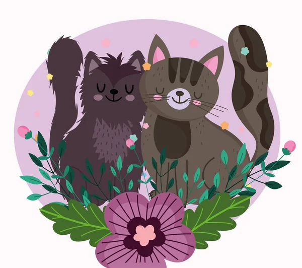 Simpatici gatti con fiori decorativi natura fogliame, cartone animato per animali domestici — Vettoriale Stock