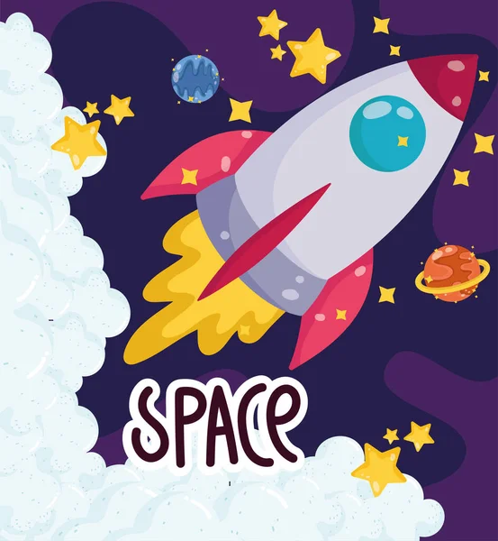 Espace dessin animé lancement vaisseau spatial planètes exploration voyage — Image vectorielle