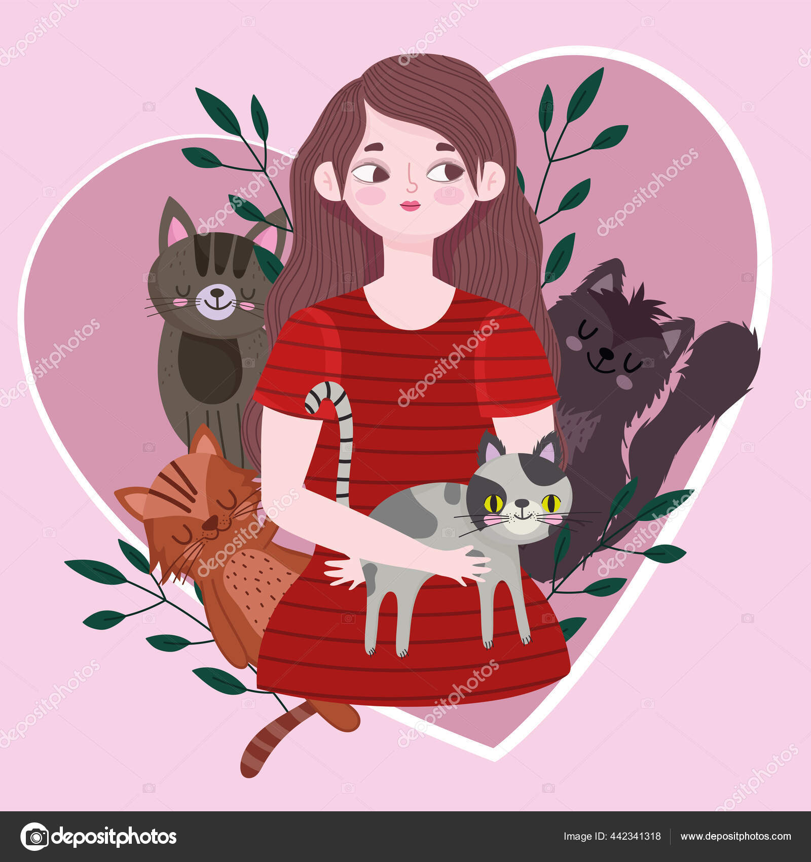 Wanita Muda Dengan Kucing Yang Berbeda Dalam Hati Cinta Kartun Hewan Peliharaan Stok Vektor Stockgiu 442341318