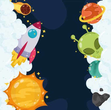 Uzaylı roket gezegeni güneş kuyruklu yıldız bulutları evren çizgi filmi