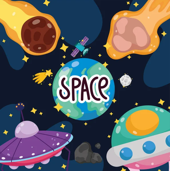 Espacio de dibujos animados explorar planeta tierra ufo astronave asteroides estrella fugaz — Vector de stock