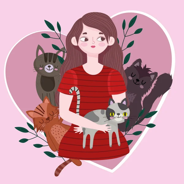 Fiatal nő különböző macskák a szív szerelem pet cartoon — Stock Vector