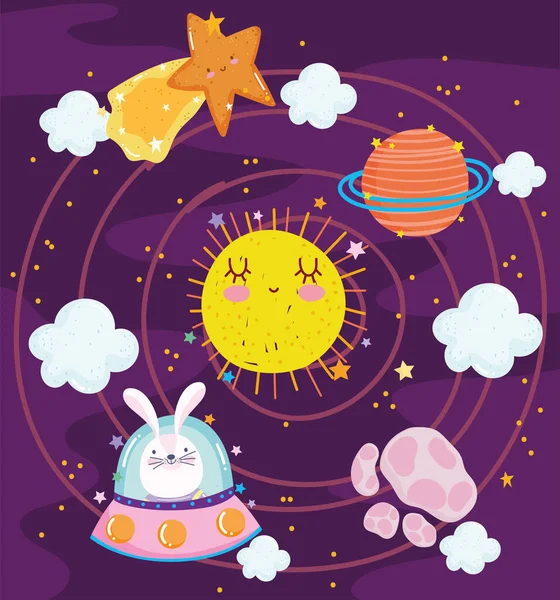 Espaço coelho na nave espacial planetas sol aventura explorar animais desenhos animados —  Vetores de Stock