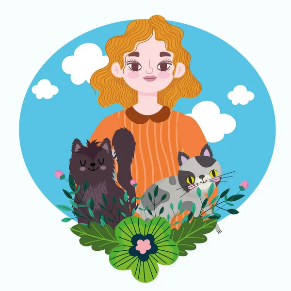 Blondynka kobieta z słodkie koty i kwiaty dekoracji kreskówki — Wektor stockowy
