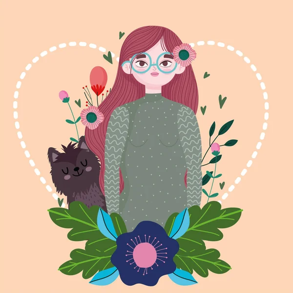 Kobieta kreskówka kot kwiaty liście natura zwierzak koncepcja — Wektor stockowy
