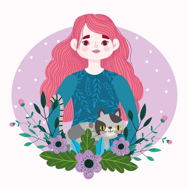 Szépség nő -val foltos macska kisállat állat és virágok rajzfilm — Stock Vector