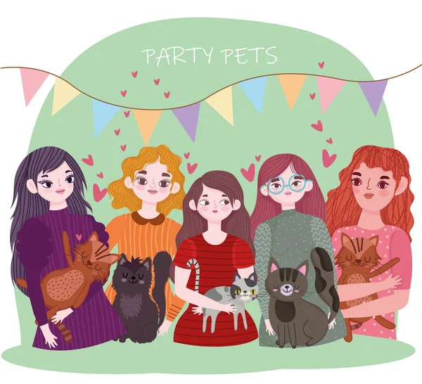 Party pets, fiatal nők macskák állatok rajzfilm — Stock Vector