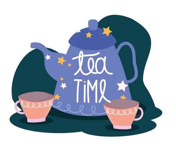 Panela de chá e copos de cozinha em estilo cartoon lettering — Vetor de Stock
