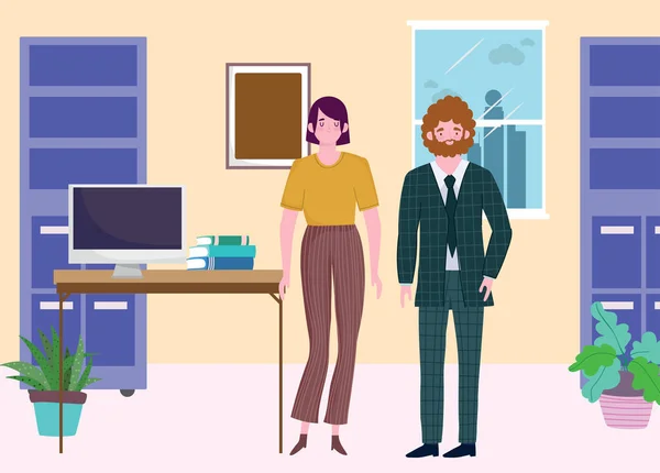 व्यापार आदमी और महिला कार्यालय डेस्क कंप्यूटर और किताबें, काम करने वाले लोग — स्टॉक वेक्टर