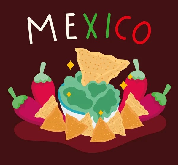 Cultura mexicana tradicional guacamole nachos chile diseño — Vector de stock