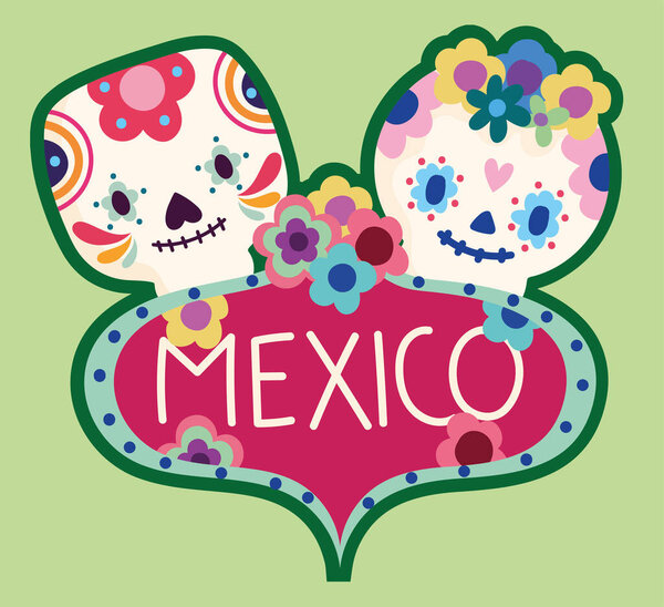 mexico day of the dead culture sugar skulls flowers label design