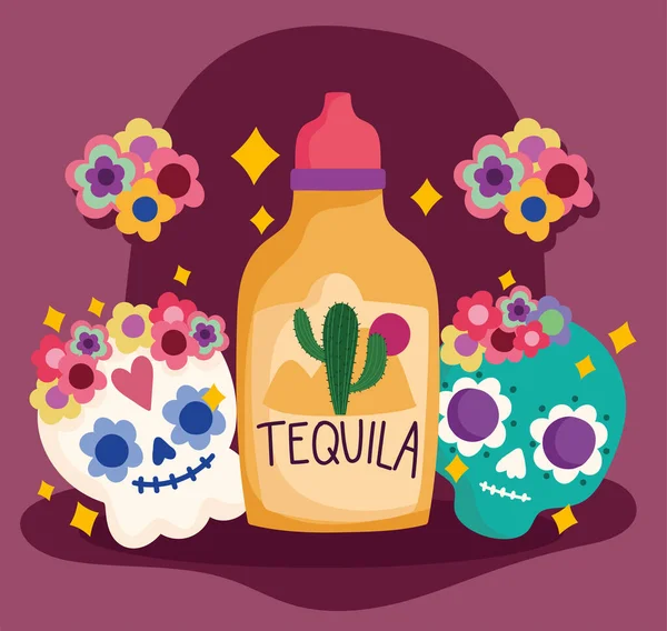 Jour mexicain du crâne mort tequila fleurs décoration culture traditionnel — Image vectorielle