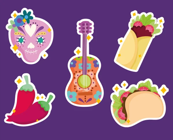 Crâne de sucre mexicain guitare et culture culinaire icônes traditionnelles autocollant — Image vectorielle