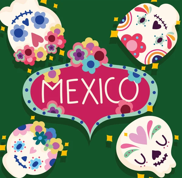 Día de México de los muertos calaveras de azúcar flores decoración floral y cultura de celebración — Vector de stock