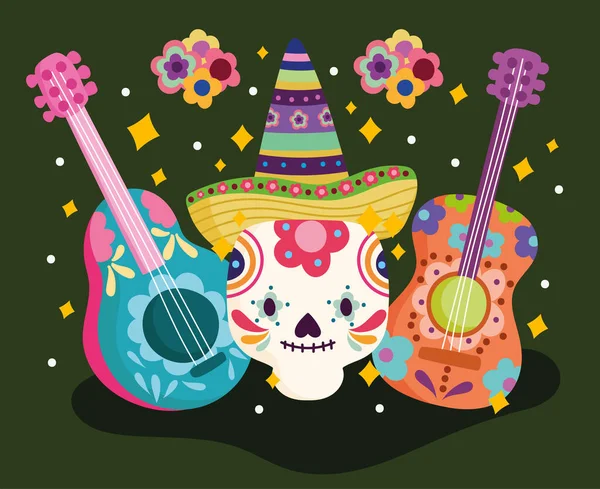 Mexico day of the dead skull with guitar and flowers decoration culture traditional — Stock Vector