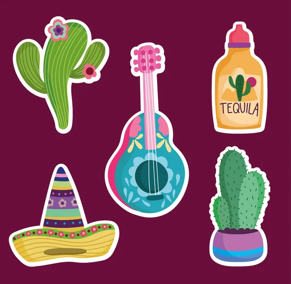 Cultura mexicana icono tradicional conjunto guitarra cactus sombrero y tequila — Vector de stock