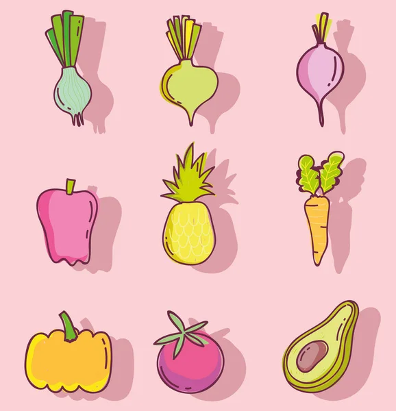 Padrão de alimentos, frutas e legumes nutrição fresca, linha e ícones de preenchimento conjunto — Vetor de Stock