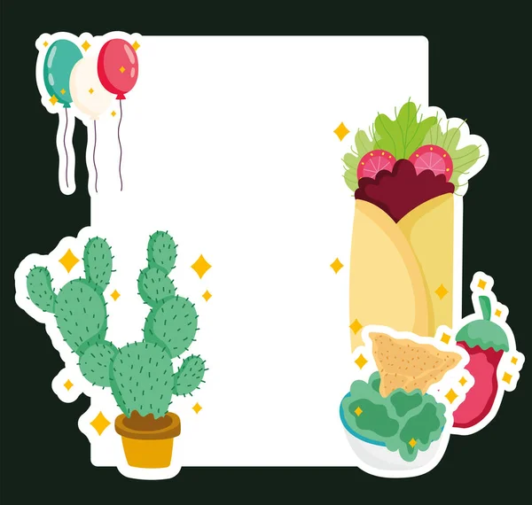 Mexico cultuur burrito nachos guacamole cactus feestelijk label lay-out Rechtenvrije Stockillustraties