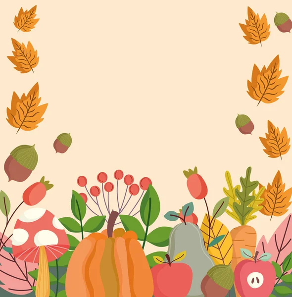 Herbst Kürbis Apfel Pilz Sprossen Blätter Laub Natur — Stockvektor