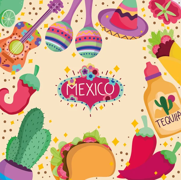 Cultura mexicana tradicional tequila comida guitarra maraca cactus decoración fondo — Vector de stock