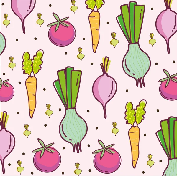 Patrón de alimentos, verduras frescas cosecha nutrición zanahoria rábano cebolla fondo — Vector de stock